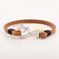 316L Stainless Steel Men Jewelry Fish Hook Real Leather Bracelet Light Brown