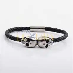 Stainless Steel Double Skeletons Man Bracelet Real Cow Black Leather Men Fashion Jewelry