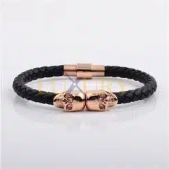 Mens Skull Bio Magnetic Real Leather Bracelet Stainless Steel Black Strap