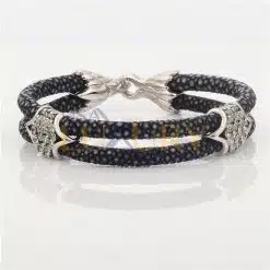 Stainless Steel Charm With Real Stingray Leather Men’s Bracelet With Cz Stones Black & Silver color
