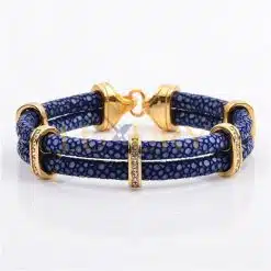 Stainless Steel Charm With Real Stingray Leather Men’s Bracelet Blue & Gold color