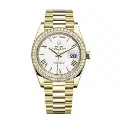 Rolex Day-Date 228348RBR White Roman Dial and Diamond Bezel Yellow Gold President Bracelet 40mm Watch