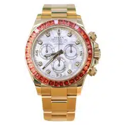 Rolex 116578SACO Daytona MOP Diamond Dial Orange Sapphire Bezel Yellow Gold Oyster Bracelet 40mm Watch