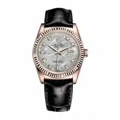 Rolex Day-Date 118135 Meteorite Diamond Dial Rose Gold Black Leather Strap 36mm Watch
