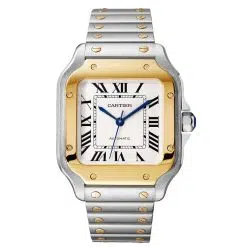 Santos De Cartier Medium W2SA0007 Automatic White Roman Dial Steel and Yellow Gold