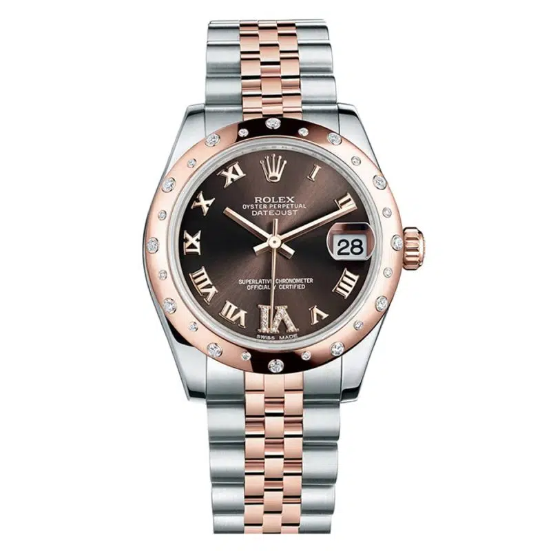 Rolex Datejust 178341 31mm Chocolate Roman Diamond-Set VI Bezel Jubilee Two-Tone Bracelet Watch