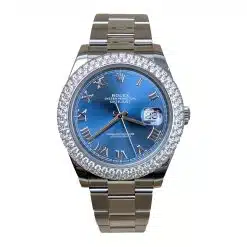 Rolex 126300 41mm Blue Roman Dial Aftermarket Diamond Bezel Oyster