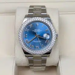 Alternative view of Rolex 126300 41mm Blue Roman Dial Aftermarket Diamond Bezel Oyster