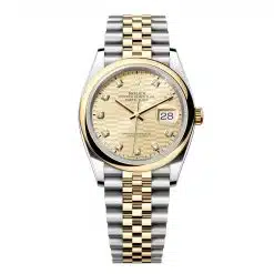 Rolex Datejust 126203-0045 Golden Fluted Motif Set with Diamonds Dial 36mm Yellow Gold & Oystersteel Domed Bezel Jubilee Bracelet