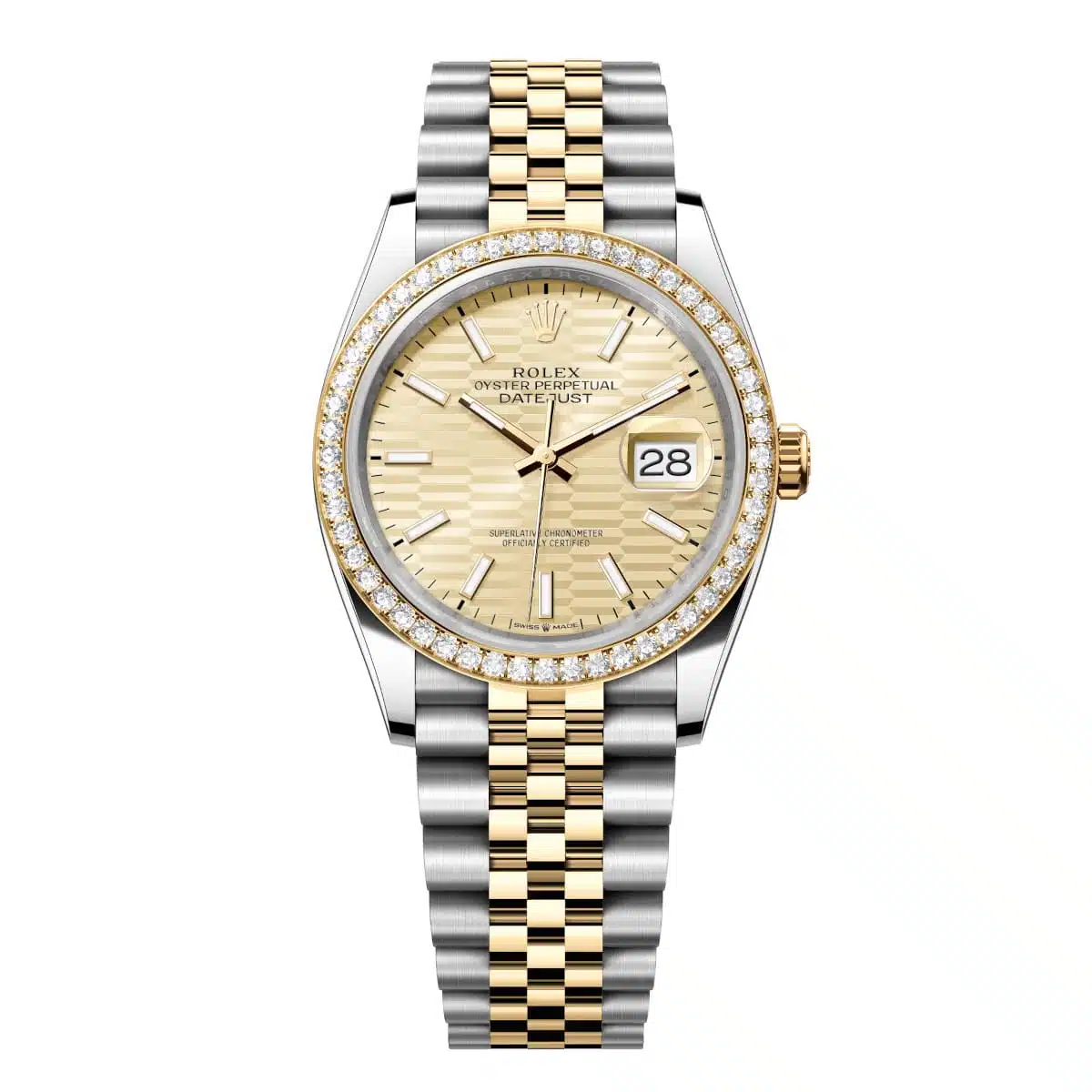 Rolex Datejust 126283RBR-0025 Golden Fluted Motif Dial Diamond-Set Bezel Jubilee Bracelet Watch