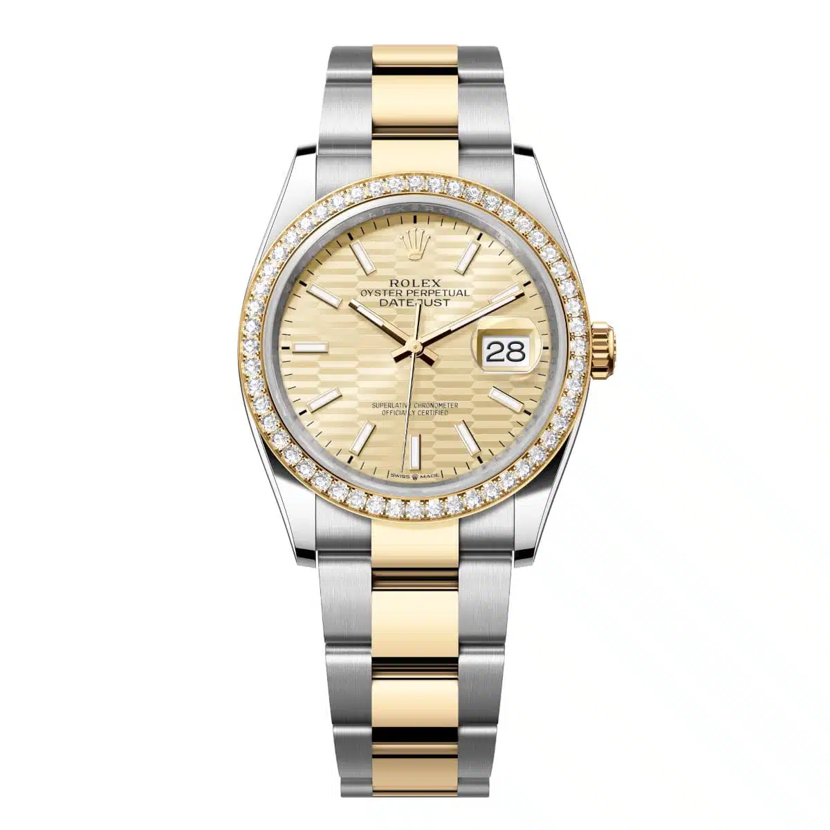 Rolex Datejust 126283RBR-0026 Golden Fluted Motif Dial Diamond-Set Bezel Oyster Bracelet Watch