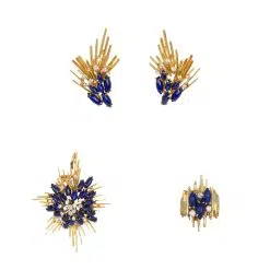 Diamond Sapphire Jewelry Set of Ring, Earrings and Brooch 18K Yellow Gold