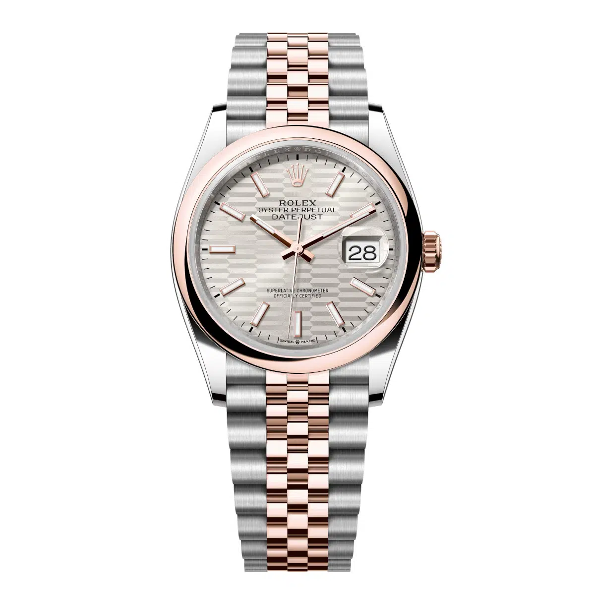 Rolex Datejust 126201-0033 Silver Fluted Motif 36mm Dial Domed Bezel Jubilee Bracelet Everose Gold and Oystersteel Watch