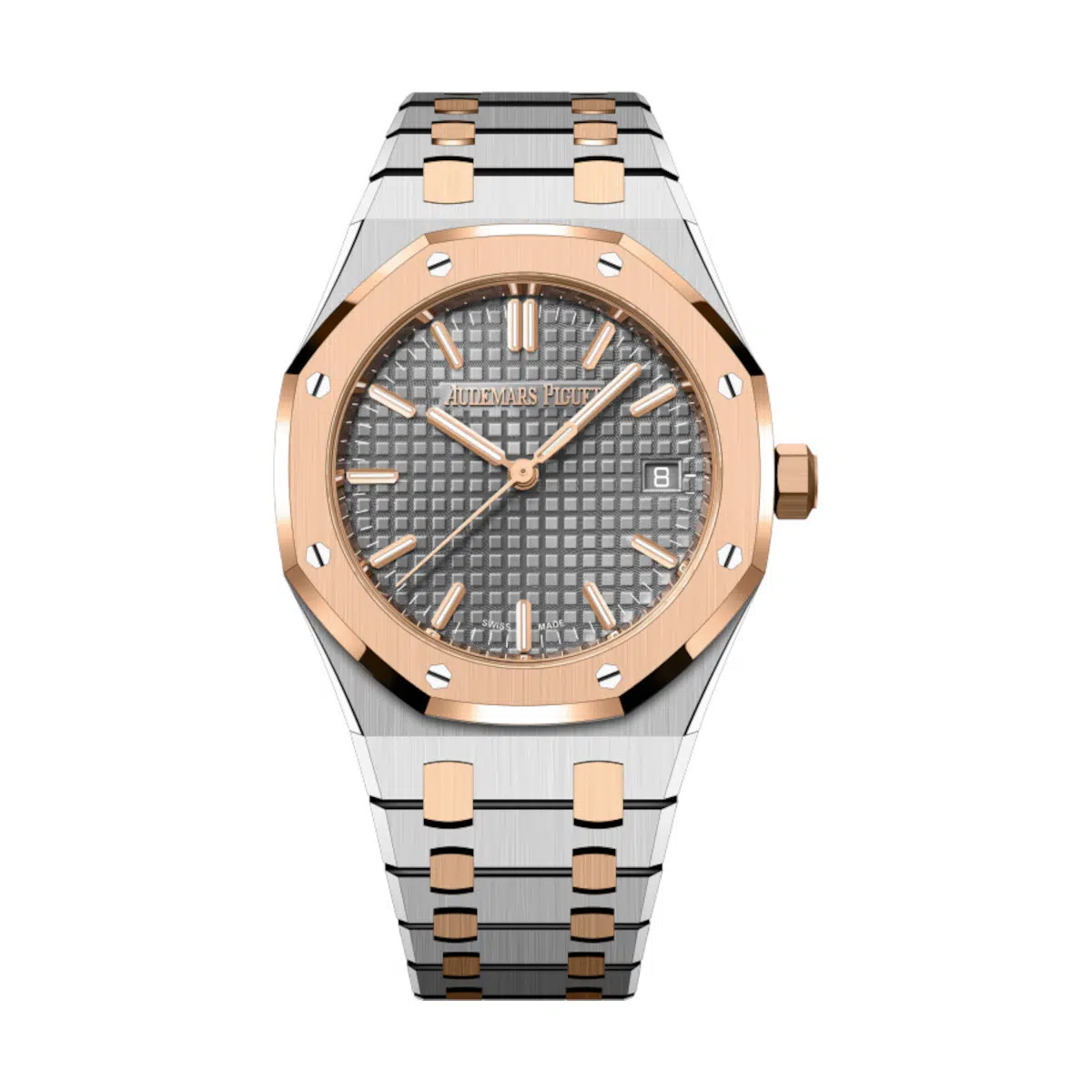 Stainless steel bracelet, 18-carat pink gold links