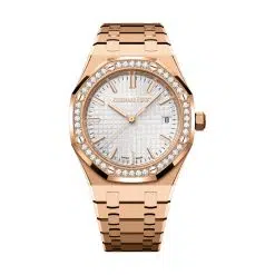 Audemars Piguet 77451OR.ZZ.1361OR.03 Royal Oak Silver-Toned with “Grande Tapisserie” Pattern 34mm Dial 18-Carat Pink Gold Bracelet Watch