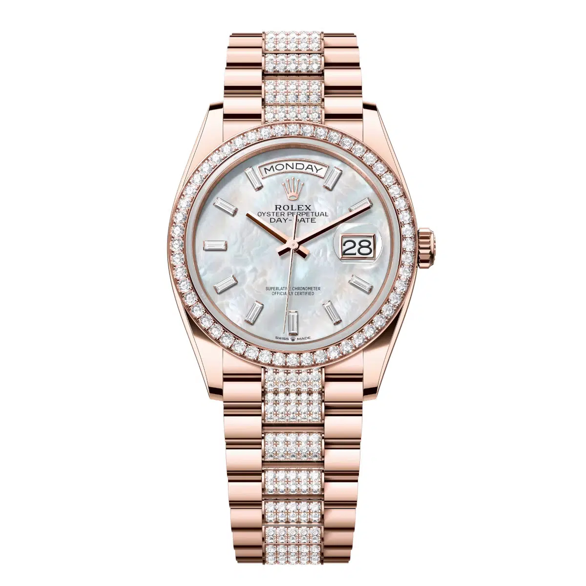 Rolex Day-Date 128345RBR-0078 White Mother-of-Pearl Set with Diamonds 36mm Dial Diamond Set Bezel Everose Gold Diamond President Bracelet Watch