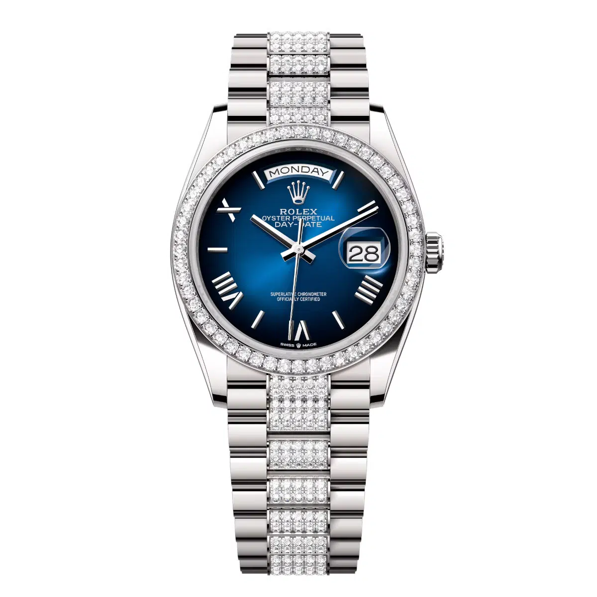 Rolex Day-Date 128349RBR-0048 Blue Ombré Roman Numeral 36mm Dial Diamond Set Bezel White Gold President Bracelet Watch