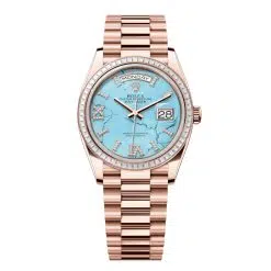 Rolex Day-Date 128395TBR-0018 Turquoise Roman Numeral Set with Diamonds 36mm Dial Diamond Set Bezel Everose Gold Diamond President Bracelet Watch