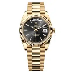 Rolex Day-Date 228238-0067 Bright Black 40mm Dial Fluted Bezel Yellow Gold President Bracelet Watch
