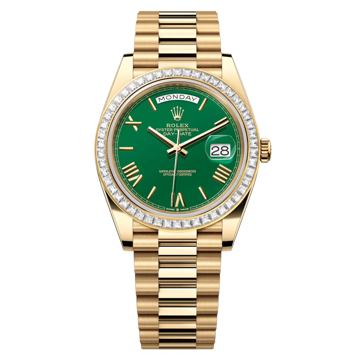 Rolex Day-Date 228398TBR-0039 Green Roman Numeral 40mm Dial Diamond Set Bezel Yellow Gold President Bracelet Watch