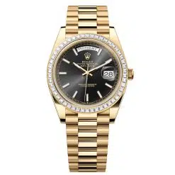 Rolex Day-Date 228398TBR-0041 Bright Black 40mm Dial Diamond Set Bezel Yellow Gold President Bracelet Watch