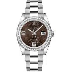 Rolex Datejust 116244-0006 Chocolate Floral Motif 36mm Dial Diamond Set Bezel Oystersteel Oyster Bracelet Watch