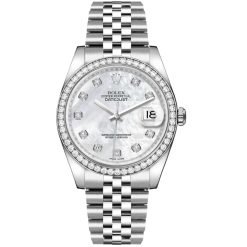 Rolex Datejust 116244-0011 White Mother-of-Pearl Set with Diamonds 36mm Dial Diamond Set Bezel Oystersteel Jubilee Bracelet Watch