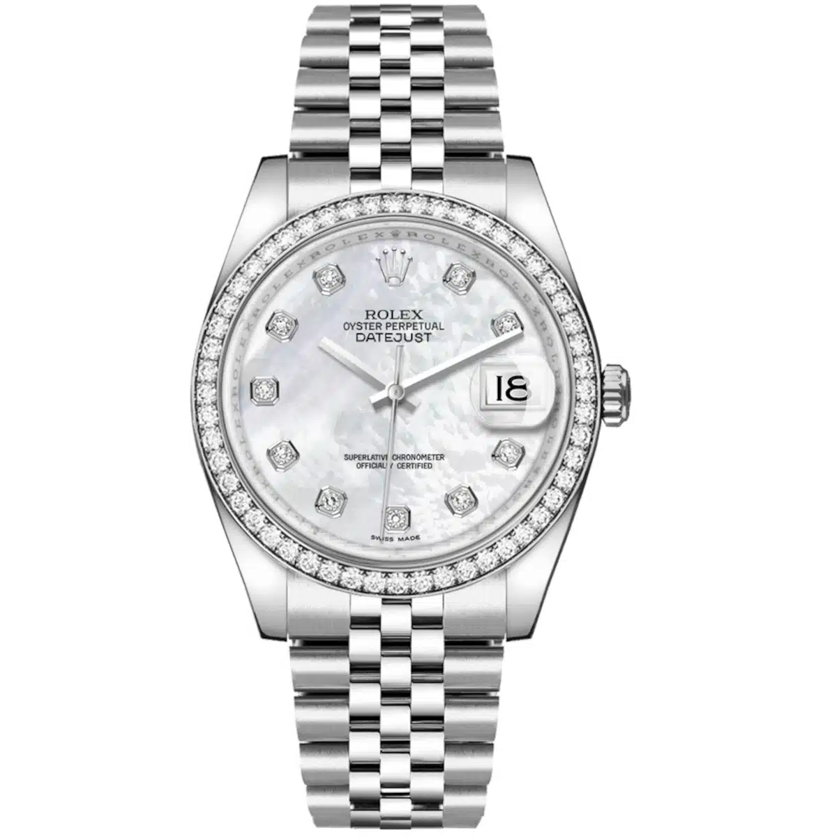 Rolex Datejust 116244-0011 White Mother-of-Pearl Set with Diamonds 36mm Dial Diamond Set Bezel Oystersteel Jubilee Bracelet Watch