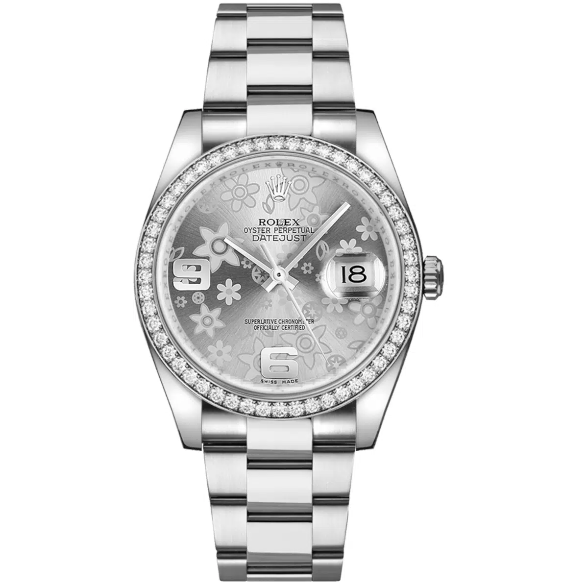 Rolex Datejust 116244 Silver Floral Motif Arabic Numeral 36mm Dial Diamond Set Bezel Oystersteel Oyster Bracelet Watch