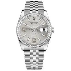 Rolex Datejust 116244 Silver Wave Pattern Arabic Numeral Set with Diamonds 36mm Dial Diamond Set Bezel Oystersteel Jubilee Bracelet Watch