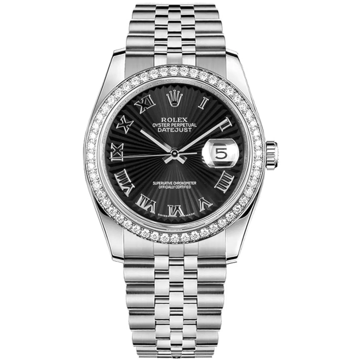Rolex Datejust 116244 Sunbeam Black Roman Numeral 36mm Dial Diamond Set Bezel Oystersteel Jubilee Bracelet Watch