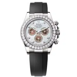 Rolex Cosmograph Daytona 126589RBR-0001 White and Black Mother-of-Pearl 40mm Dial Diamond-Set Bezel Oysterflex Bracelet Watch
