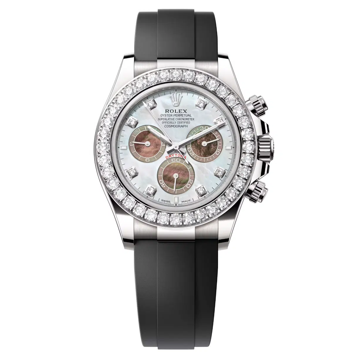 Rolex Cosmograph Daytona 126589RBR-0001 White and Black Mother-of-Pearl 40mm Dial Diamond-Set Bezel Oysterflex Bracelet Watch