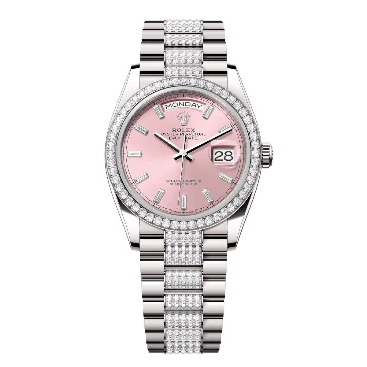 Rolex Day-Date 128349RBR-0054 Pink Set with Diamonds 36mm Dial Diamond Set Bezel White Gold Diamond President Bracelet Watch