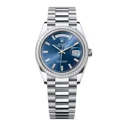 Rolex Day-Date 128396TBR-0024 Bright Blue Set with Diamonds 36mm Dial Diamond Set Bezel Platinum President Bracelet Watch