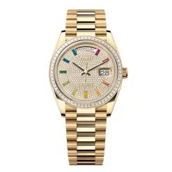 Rolex Day-Date 128398TBR-0012 Diamond-Paved 36mm Dial Diamond Set Bezel Yellow Gold President Bracelet Watch