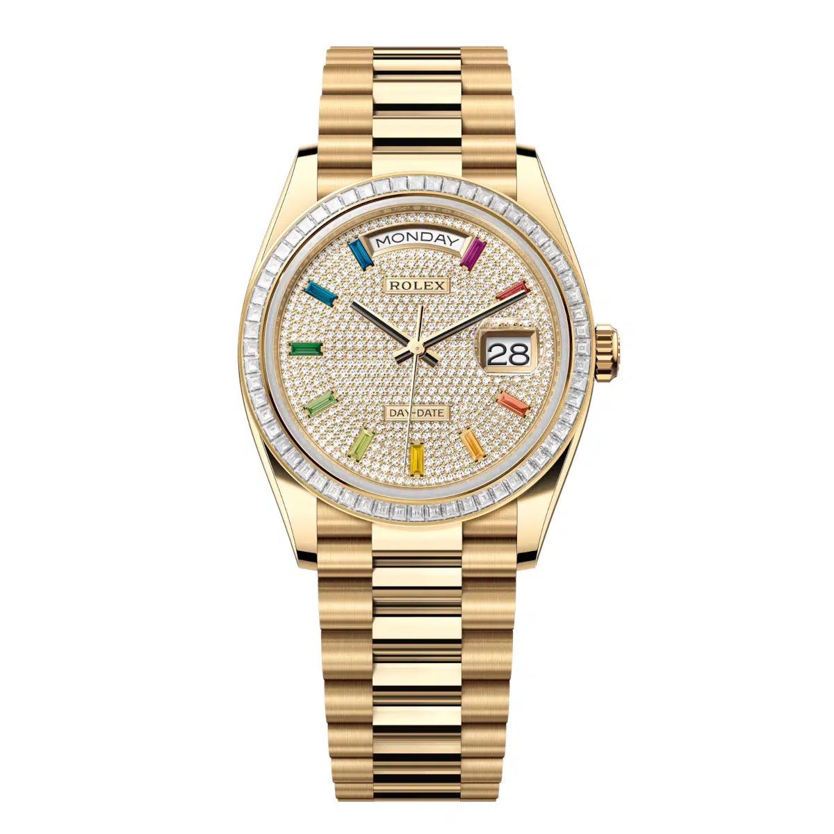 Rolex Day-Date 128398TBR-0012 Diamond-Paved 36mm Dial Diamond Set Bezel Yellow Gold President Bracelet Watch