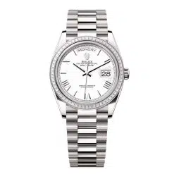 Rolex Day-Date 128399TBR-0019 White Roman Numeral 36mm Dial Diamond Set Bezel White Gold President Bracelet Watch