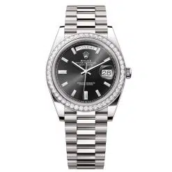 Rolex Day-Date 228349RBR-0003 Bright Black Set with Diamonds 40mm Dial Diamond Set Bezel White Gold President Bracelet Watch
