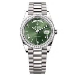 Rolex Day-Date 228349RBR-0030 Olive Green Roman Numeral 40mm Dial Diamond Set Bezel White Gold President Bracelet Watch