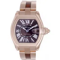 Cartier Roadster XL W6206001 Walnut Burl Brown Roman Numeral Dial 18k Rose Gold Bracelet Watch