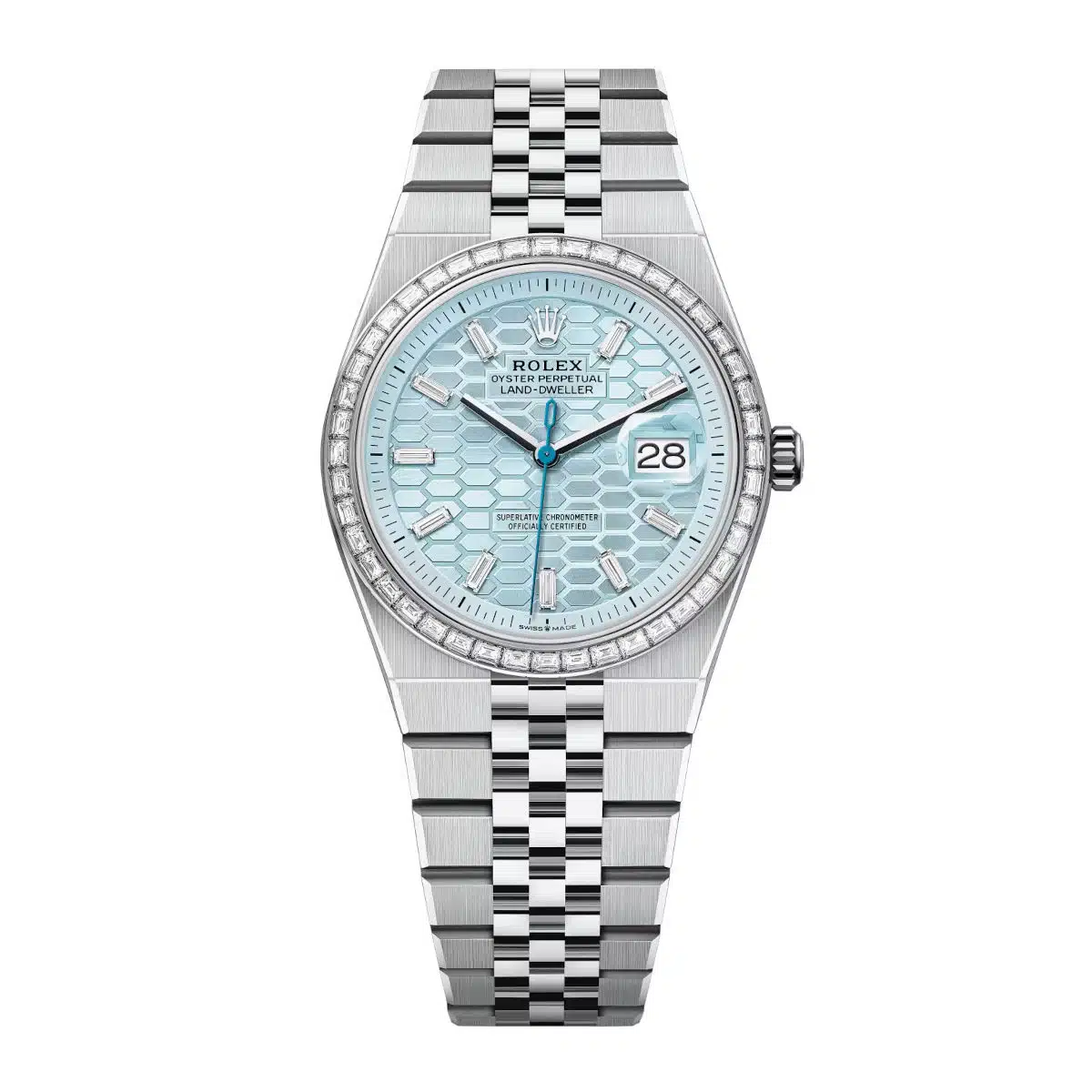 Rolex Land-Dweller 127286TBR-0001 Blue Honeycomb Dial Diamond Platinum Jubilee Bracelet