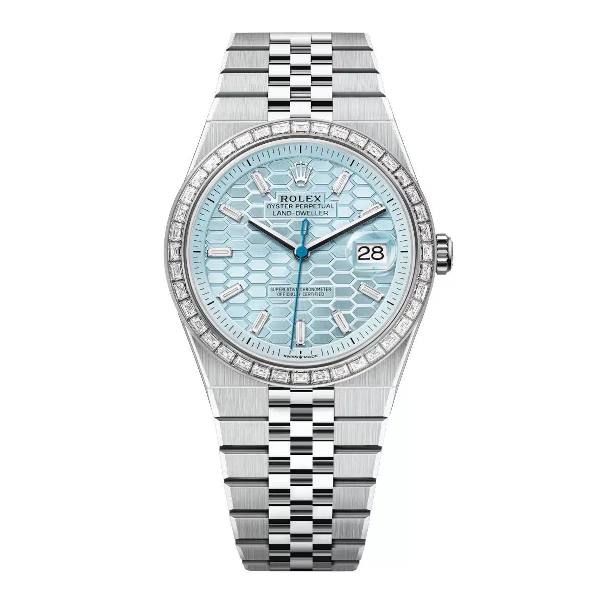 Rolex Land-Dweller 127386TBR-0001 Blue Honeycomb Dial Diamond Platinum Jubilee Bracelet