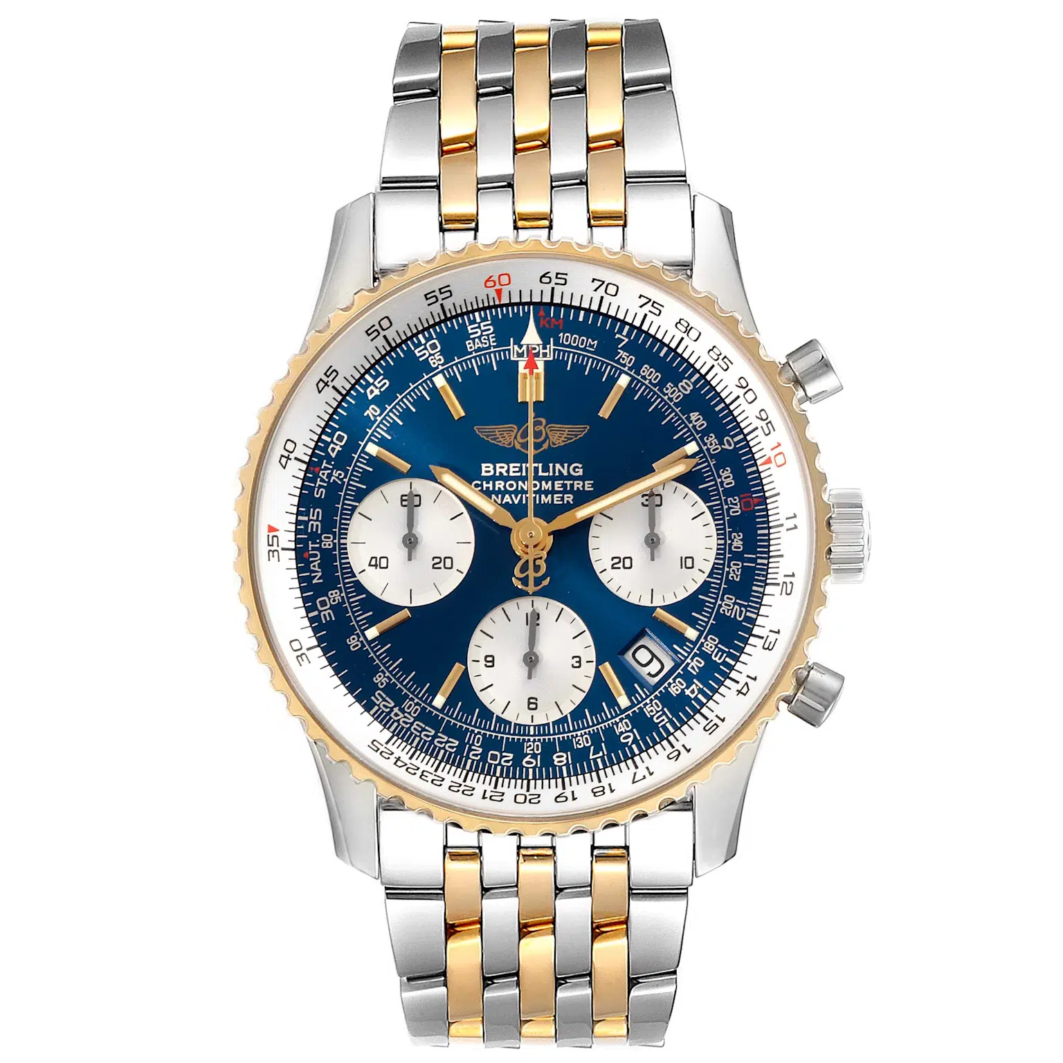 Breitling Navitimer men's watch with two-tone steel and yellow gold bracelet and signature blue dial featuring chronograph subdials and slide rule bezel
