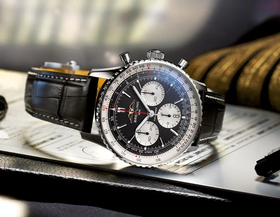 Close-up of a Breitling Navitimer chronograph showcasing its distinctive slide rule bezel and multi-dial layout