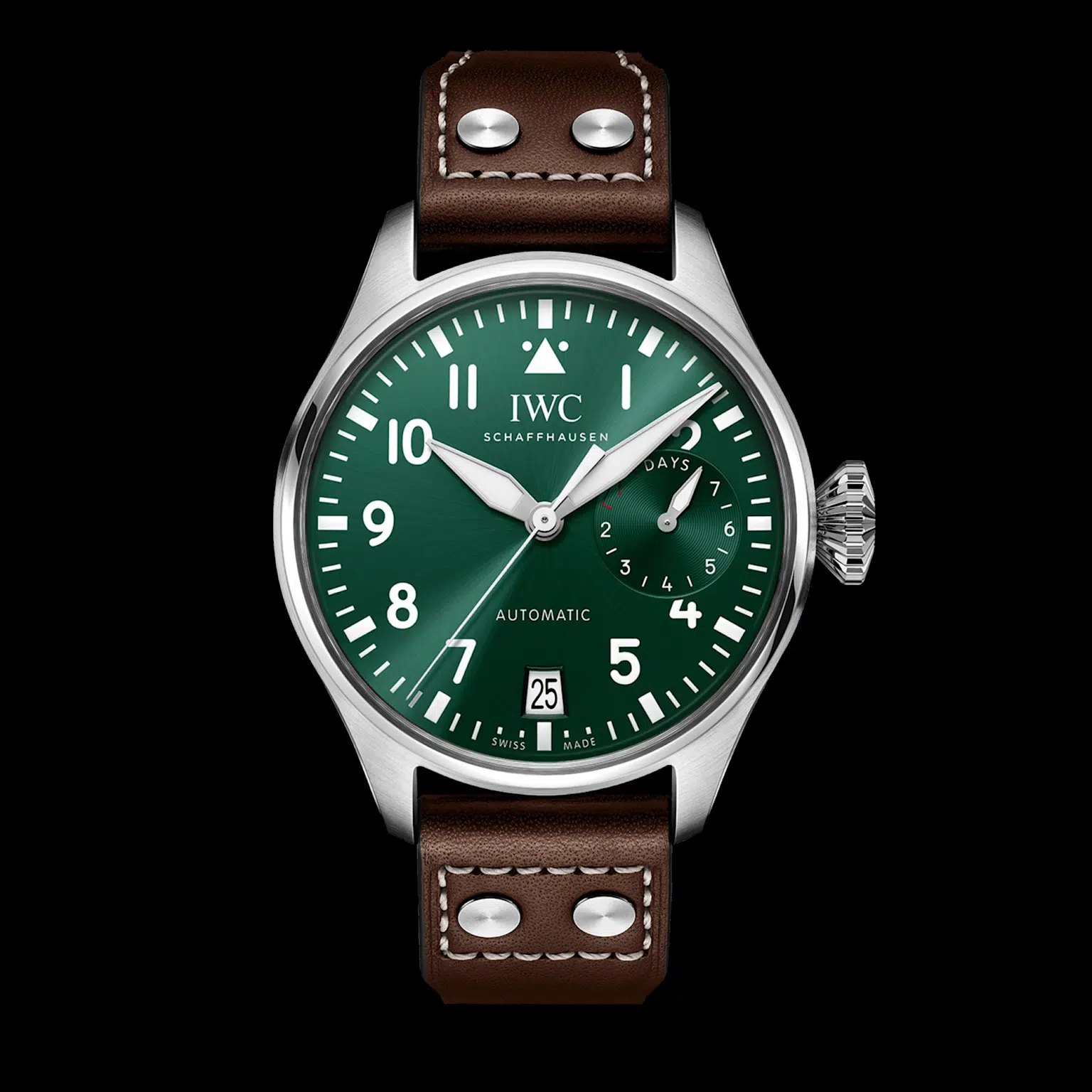 IWC Big Pilot's Watch with green dial featuring large numerals, 7-day power reserve, and brown leather strap