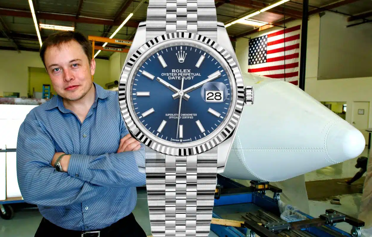 Elon Musk with Rolex Datejust watch in aerospace facility
