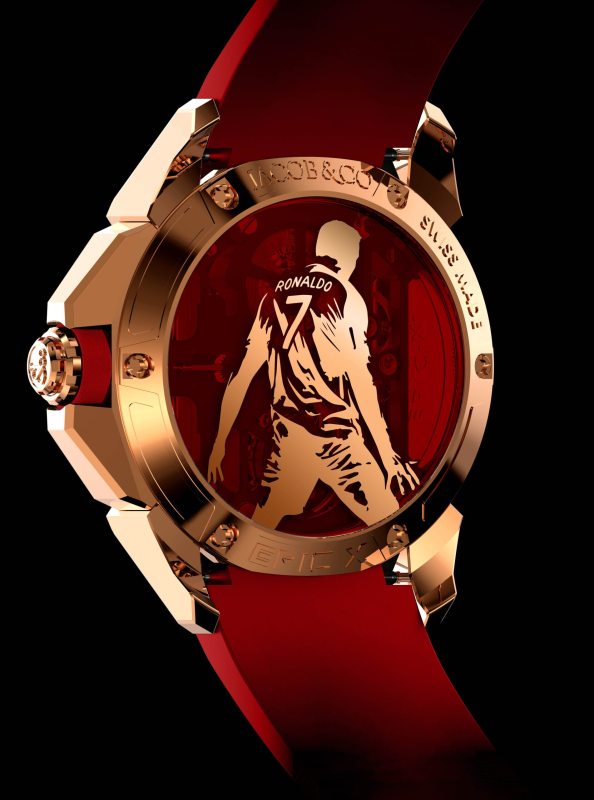 Jacob & Co Epic X watch in rose gold featuring Cristiano Ronaldo engraved caseback and red strap
